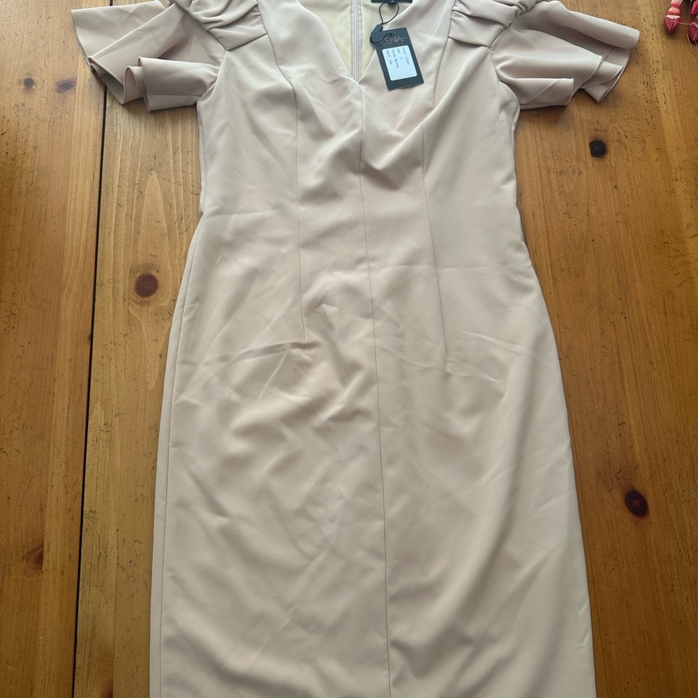 V-Neck Midi Dress in Light Beige with Ruffle Sleeves
